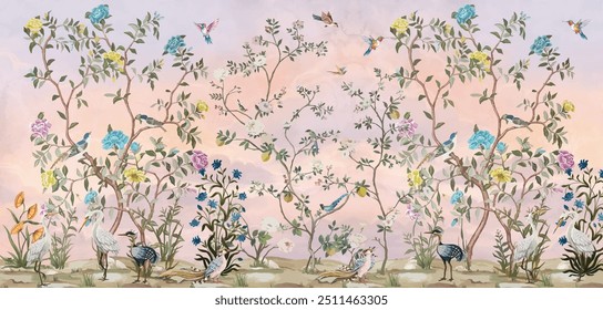 Herkunft Murals Chinoiserie Blumen Baum Wandbild auf Pfirsichhintergrund. Tiere und Vögel. 