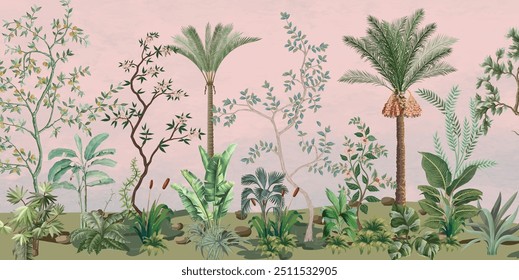 Murais de origem Chinoiserie Floral Tree Wall Mural em verde, fundo tropical, Plam Trees.