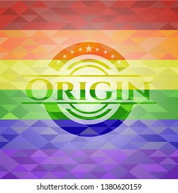 Origin on mosaic background with the colors of the LGBT flag