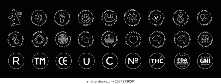 Origin and Regulatory Icons. Includes Made in USA, UK, EU, Australia symbols, and regulatory compliance icons for global standards and transparency