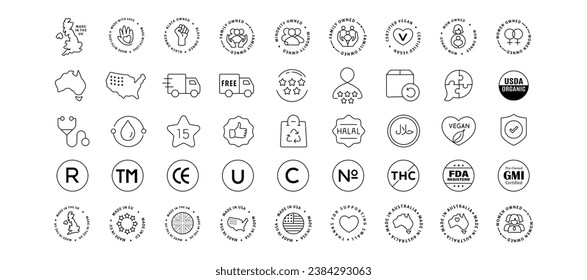 Origin and Regulatory Icons. Includes Made in USA, UK, EU, Australia symbols, and regulatory compliance icons for global standards and transparency.