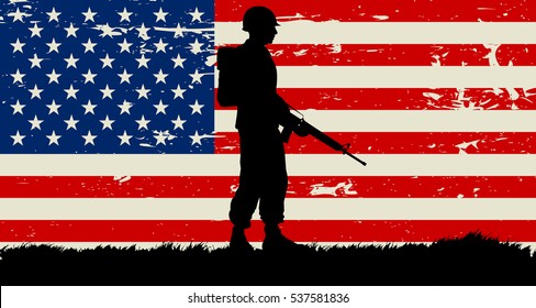 Original 1960's American Soldier Illustration And US Grunge Flag