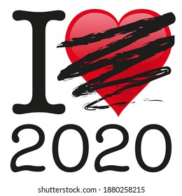 Original 2021 greeting card showing a heart crossed out to say the grim year of COVID-19 is to be erased from our memories