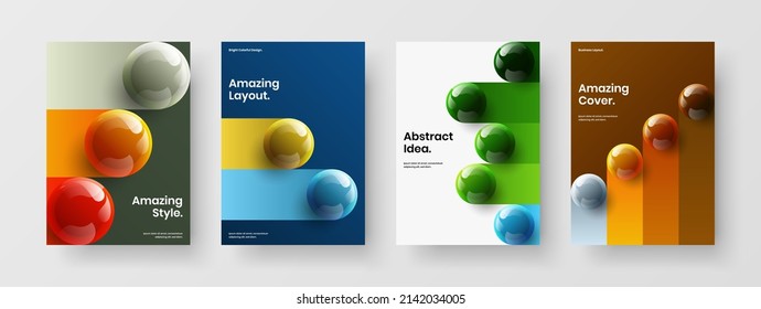 Original 3D balls handbill template collection. Trendy front page vector design layout set.