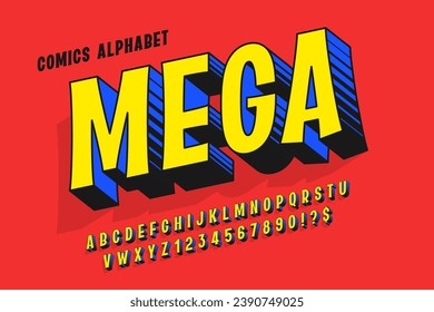 Original 3d comical alphabet design, retro characters set. Colorful letters. 12 degree skew