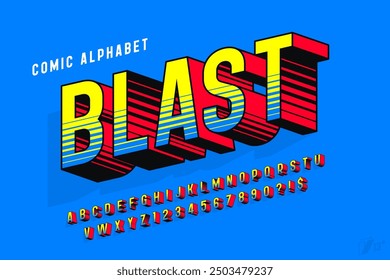 Original 3d comical alphabet design, retro characters set. Colorful letters. 13 degree skew