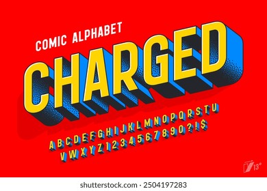 Original 3d comical alphabet design, retro characters set. Colorful letters. 13 degree skew