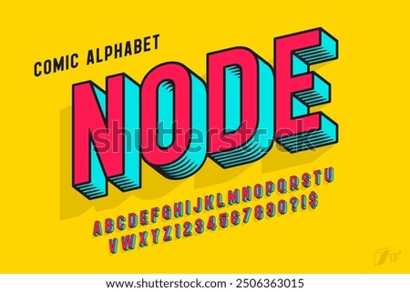 Original 3d comical alphabet design, retro characters set. Colorful letters. 13 degree skew