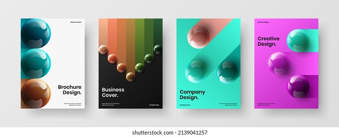 Original 3D spheres catalog cover illustration composition. Unique corporate brochure A4 vector design layout set.