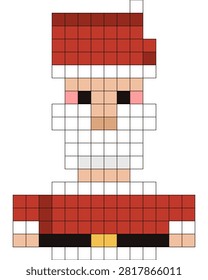 An original 8-bit pixel art vector illustration of a voxel-style Santa Claus character wearing a red hat with white fur trim, a big white beard, a red coat with a gold-buckled black belt, and fur-trimmed cuffs, isolated on a transparent background. Designed in a classic retro pixel or voxel aesthetic, ready to place on any background. Perfect for Christmas game content, holiday marketing, indie game asset design, children's apps, t-shirt and merchandise printing, sticker packs, and festive pixel art projects