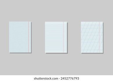 Original A5 Blätter für Schulhefte zum Drucken. Papierseite des Notebooks. Schulblatt mit Linien und Gitter. Weiße Blätter für Notizen. Notizblock für Mathematik und Brief. Realistisches, leeres Notizbuch
