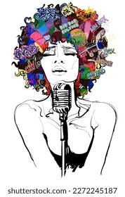 Original abstract art contemporary digital portrait of a woman singing in a vintage microphone,  perfect for interior design, page decoration, web and other: vector illustration