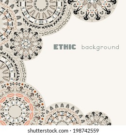 Original abstract background with tribal round patterns. Ethnic ornaments. Aboriginal culture discs. Copy space. Pattern for greeting cards, invitations or posters. Vector file is grouped EPS8.
