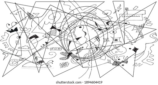Original abstract digital painting artwork of doodle abstract black and white world, poster print pattern, vector illustration abstraction picture.