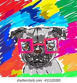 original abstract digital painting Doodle dog pug in glasses colored drawing print poster,brushes,splash of color