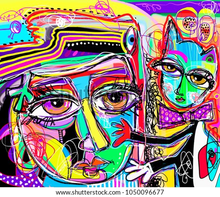original abstract digital painting of human face with a cat, colorful composition in contemporary modern art, perfect for interior design, page decoration, web and other, vector illustration