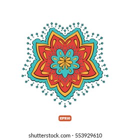 The original abstract floral pattern in ethnic style. White background. Bright colors.