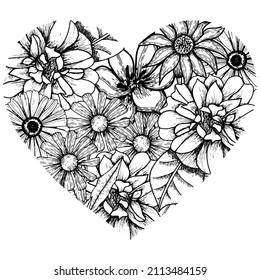 original abstract heart with different flowers drawn on a white background for coloring, coloring book pages, vector