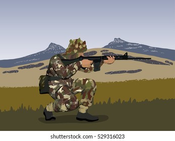 Original abstract image of British soldier circa 1982 Falklands War at the Port Stanley, Mt. London and Goose Green battles.
