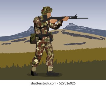 Original abstract image of British soldier circa 1982 Falklands War at the Port Stanley, Mt. London and Goose Green battles.