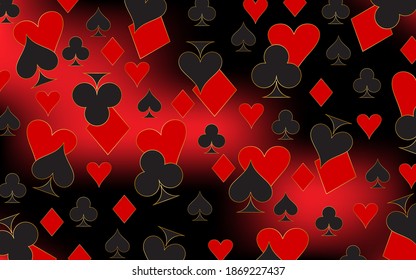 An original abstract pattern of figures of symbols of card suit - clubs, tambourines, spades, hearts with a gold outline. Vector graphics on a red-black background for design and decoration.
