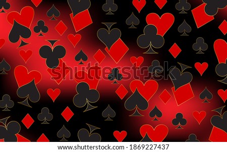 An original abstract pattern of figures of symbols of card suit - clubs, tambourines, spades, hearts with a gold outline. Vector graphics on a red-black background for design and decoration.
