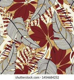 Original abstract seamless pattern with colorful tropical leaves and plants on orange background. Vector design. Jungle print. Flowers background. Printing and textiles. Exotic tropics. Fresh design.