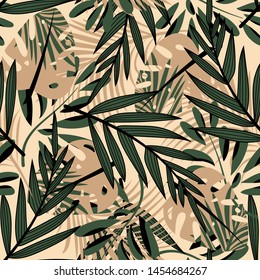 Original abstract seamless pattern with colorful tropical leaves and plants on beige background. Vector design. Jungle print. Flowers background. Printing and textiles. Exotic tropics. Fresh design.