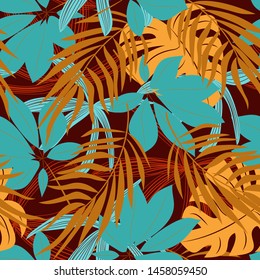 Original abstract seamless pattern with colorful tropical leaves and plants on red background. Vector design. Jungle print. Flowers background. Printing and textiles. Exotic tropics. Fresh design.