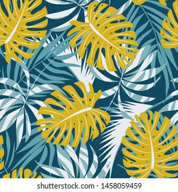 Original abstract seamless pattern with colorful tropical leaves and plants on blue background. Vector design. Jungle print. Flowers background. Printing and textiles. Exotic tropics. Fresh design.
