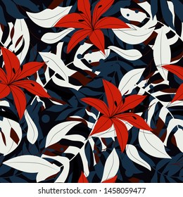 Original abstract seamless pattern with colorful tropical leaves and plants on black background. Vector design. Jungle print. Flowers background. Printing and textiles. Exotic tropics. Fresh design.