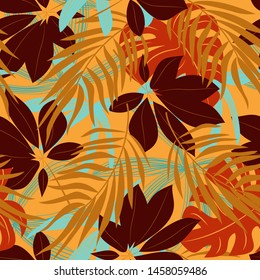 Original abstract seamless pattern with colorful tropical leaves and plants on yellow background. Vector design. Jungle print. Flowers background. Printing and textiles. Exotic tropics. Fresh design.