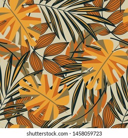 Original abstract seamless pattern with colorful tropical leaves and plants on beige background. Vector design. Jungle print. Flowers background. Printing and textiles. Exotic tropics. Fresh design.