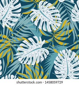 Original abstract seamless pattern with colorful tropical leaves and plants on blue background. Vector design. Jungle print. Flowers background. Printing and textiles. Exotic tropics. Fresh design.