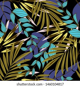 Original abstract seamless pattern with colorful tropical leaves and plants on a dark background. Vector design. Jungle print. Flowers background. Printing and textiles. Exotic tropics. Fresh design.