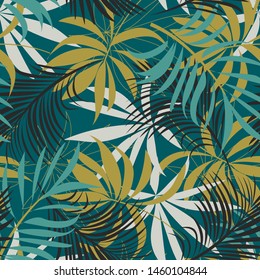Original abstract seamless pattern with colorful tropical leaves and plants on green background. Vector design. Jungle print. Flowers background. Printing and textiles. Exotic tropics. Fresh design.