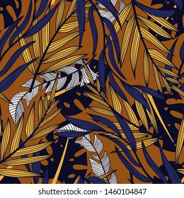 Original abstract seamless pattern with colorful tropical leaves and plants on brown background. Vector design. Jungle print. Flowers background. Printing and textiles. Exotic tropics. Fresh design.