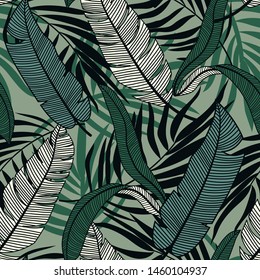 Original abstract seamless pattern with colorful tropical leaves and plants on grey background. Vector design. Jungle print. Flowers background. Printing and textiles. Exotic tropics. Fresh design.