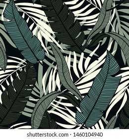 Originelles abstraktes, nahtloses Muster mit bunten tropischen Blättern und Pflanzen auf dunklem Hintergrund. Design der Vektorillustration. Dschungeldruck. Blumenhintergrund. Druck und Textilien. Exotische Tropen. Neues Design.