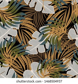Original abstract seamless pattern with colorful tropical leaves and plants on black background. Vector design. Jungle print. Floral background. Printing and textiles. Exotic tropics. Summer.