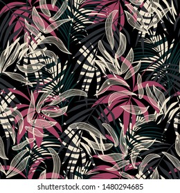 Original Abstract Seamless Pattern With Colorful Tropical Leaves And Plants On A Dark Background. Vector Design. Jungle Print. Floral Background. Printing And Textiles. Exotic Tropics. Summer.