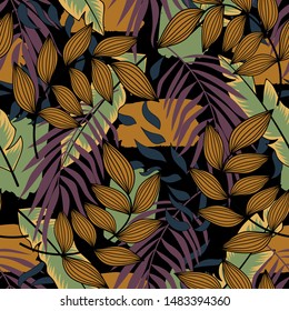 Original abstract seamless pattern with colorful tropical leaves and plants on black background. Vector design.Exotic tropics. Summer. Jungle print. Floral background. Printing and textiles.