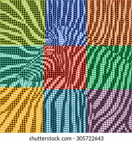 The original abstract Vector silhouette in black and white zebra at 9 squares made in the art circles of different colors. pop Art. cloth. wallpaper.