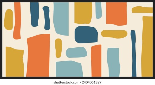 Original Abstract Wall Art. Mid-Century Modern Print Picture. Orange Yellow Light Blue Colours.