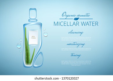 Original advertising poster design with water drops and liquid packaging silhouette for catalog, magazine. Cosmetic package.Moisturizing toner, micellar water with aloe vera extract