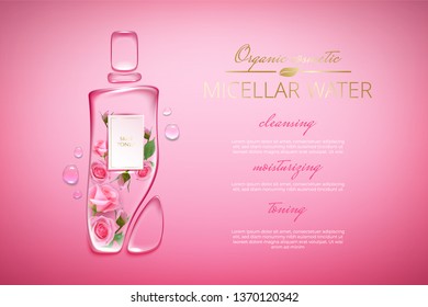 Original advertising poster design with water drops and liquid packaging silhouette for catalog, magazine. Cosmetic package.Moisturizing toner, micellar water with rose extract