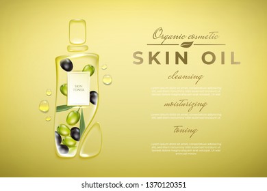 Original advertising poster design with water drops and liquid packaging silhouette for catalog, magazine. Olove oil cosmetic package. Bady olive oil ads