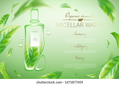 Original advertising poster design with water drops and liquid packaging silhouette for catalog, magazine. Cosmetic package.Moisturizing toner, micellar water with green tea extract