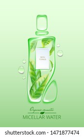 Original advertising poster design with water drops and liquid packaging silhouette for catalog, magazine. Cosmetic package.Moisturizing toner, micellar water with green tea extract