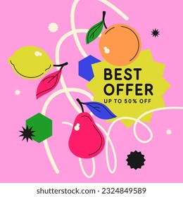 The original advertising poster of the sale. Vector illustration. A composition with geometric shapes and fruits.